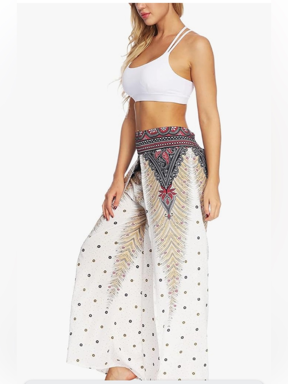 NWOTs Boho Wide-Leg Printed Palazzo Pants in White, Gold & Navy